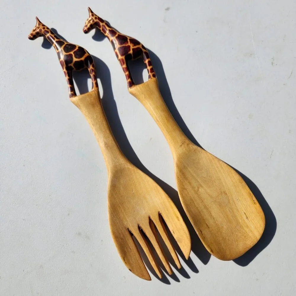 New Hand Carved Wood Giraffe Fork Spoon Serving Set Safari African Folk Art Home
